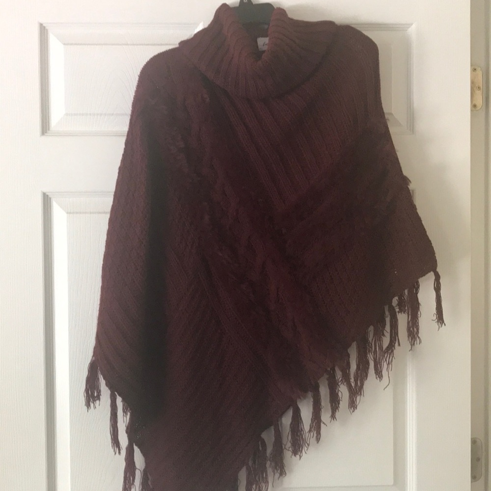 Burgundy Fringed Poncho on bias